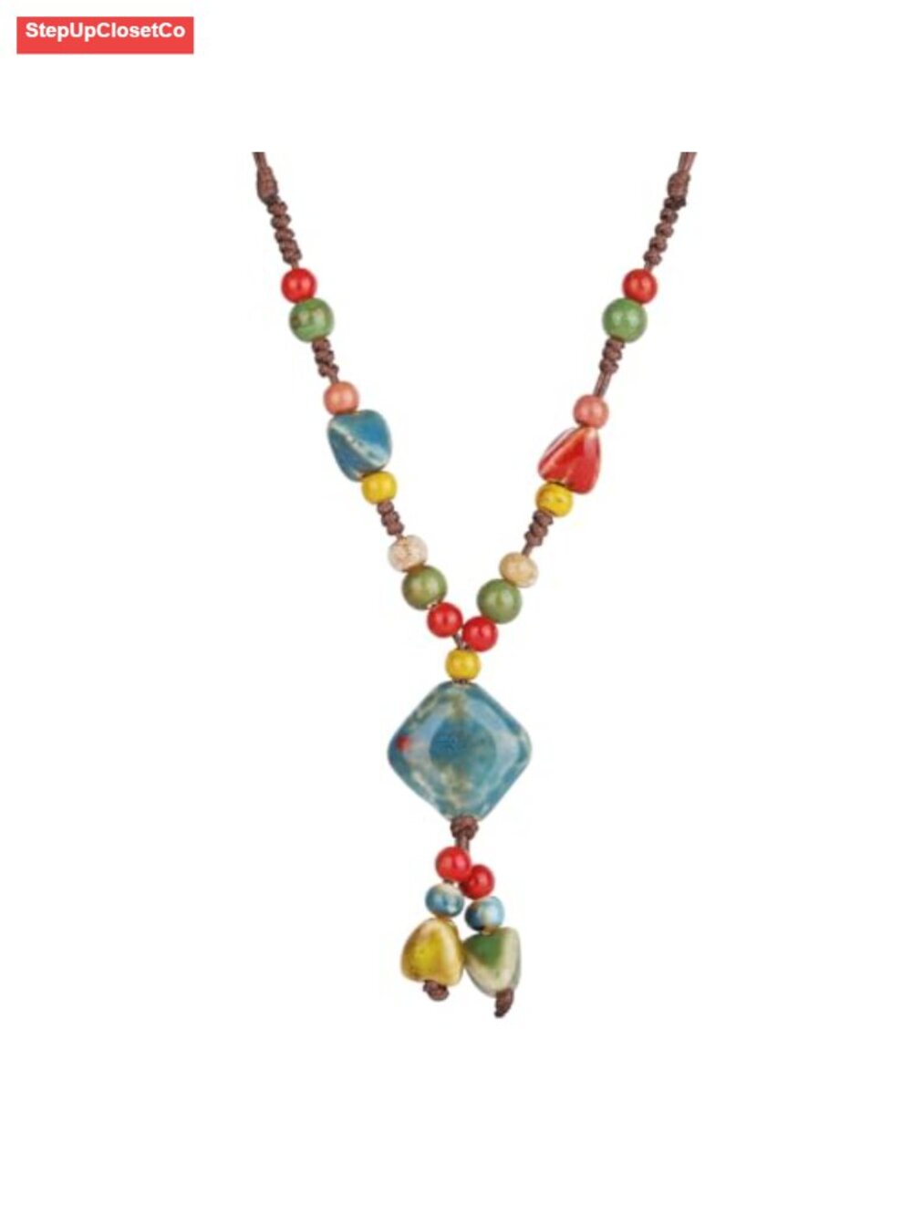 Boho Vintage Beaded Necklace Adjustable Long Ceramic Gift